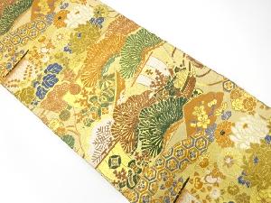 アンティーク　桧扇に宝船・笠松・菊模様織り出し丸帯（着用可）